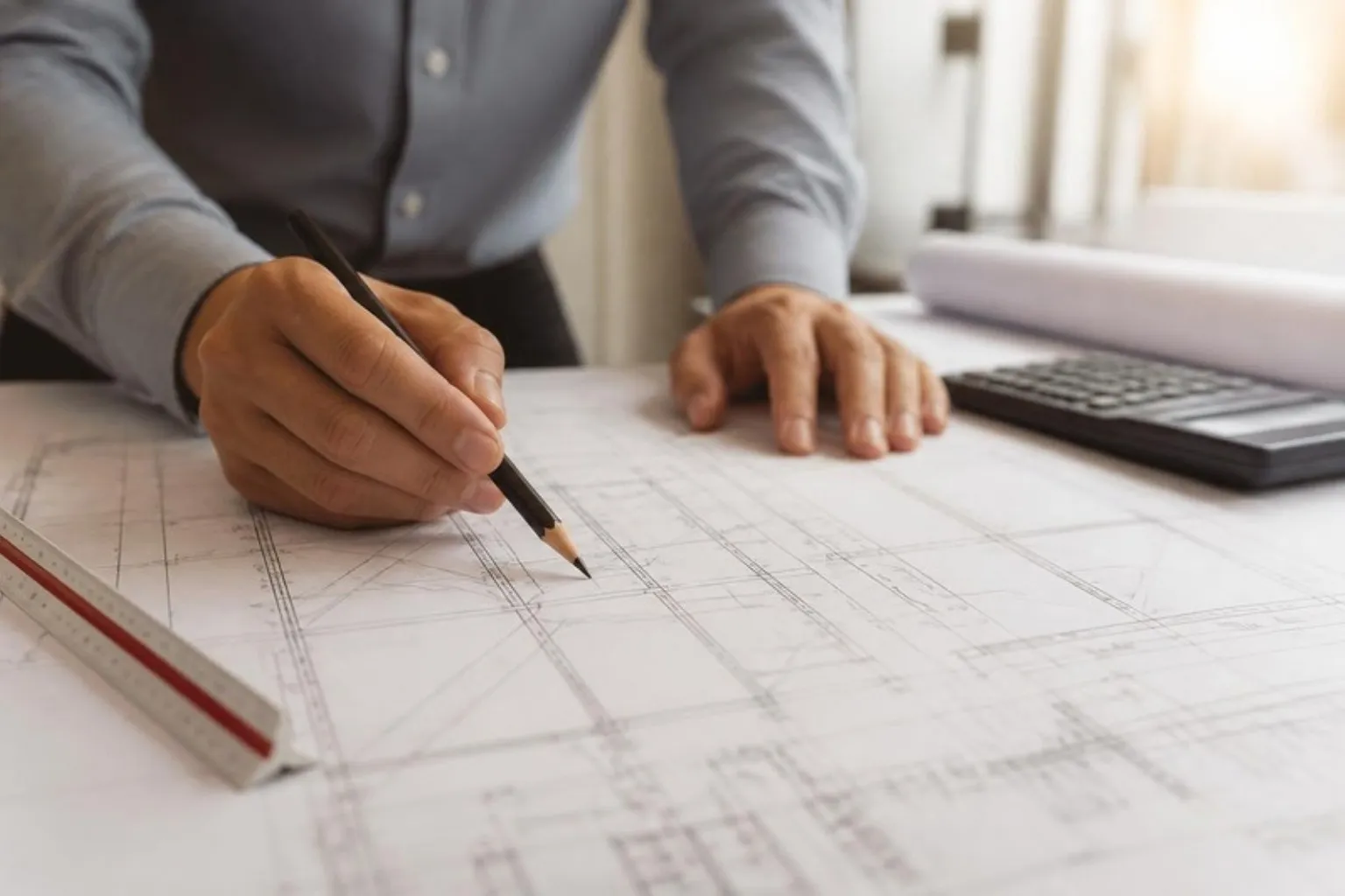 An engineer's hands marking up structural drawings on a desk