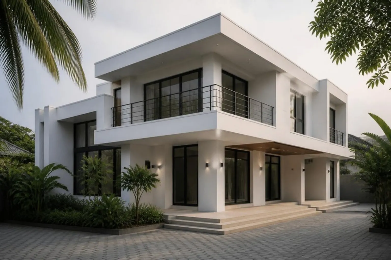 Illustration: two-storey concrete building with white walls
